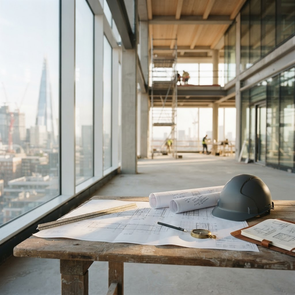 Chantier lumineux avec plans architecturaux